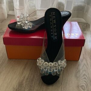 New York Transit Clear Wedge Shoes Sandals with Clear Jewels Embellishments